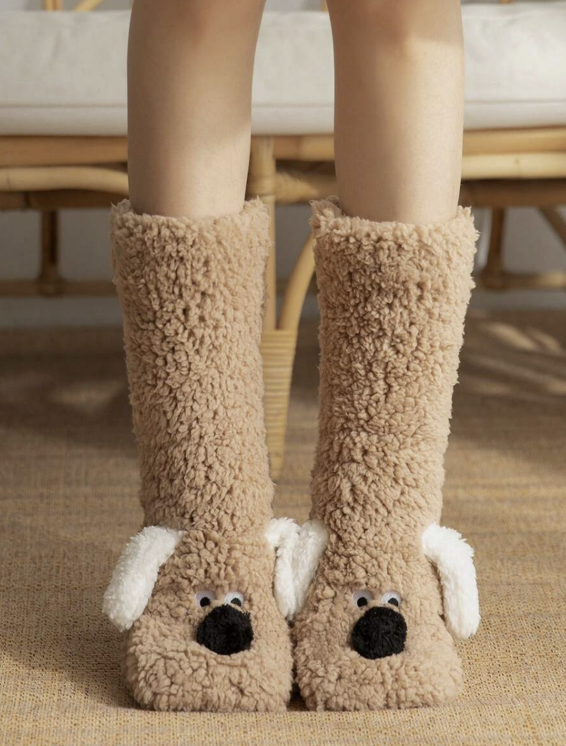 Doggie Warm Thermal Anti-Slip Plush Socks (Coffee Brown)