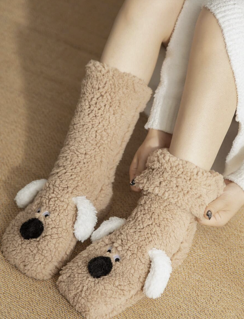 Doggie Warm Thermal Anti-Slip Plush Socks (Coffee Brown)